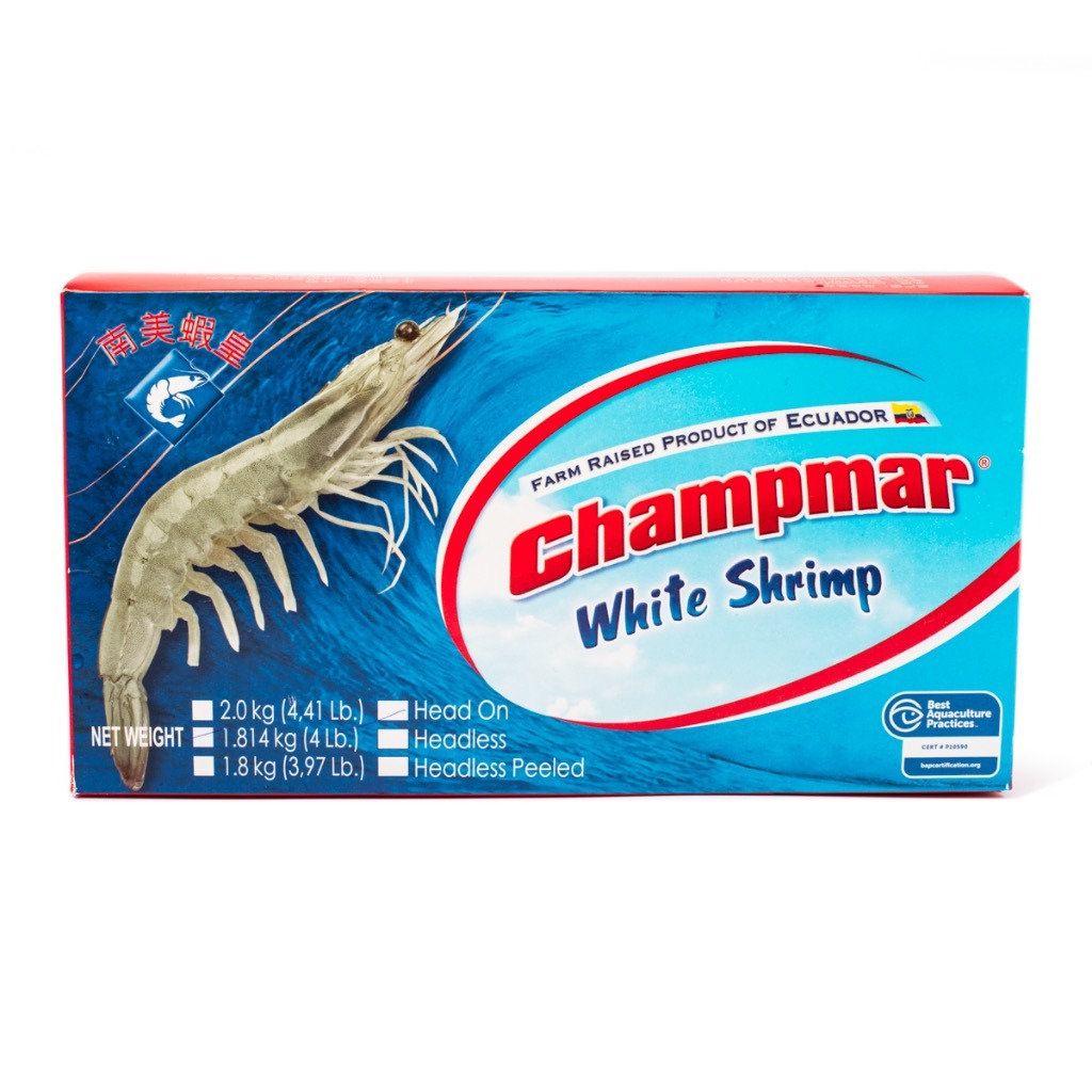 有壳南美虾
26/30W SHELL ON H/L CHAMPMAR
1.8KG净重/盒【6盒/箱】【63箱/板】  DongX
